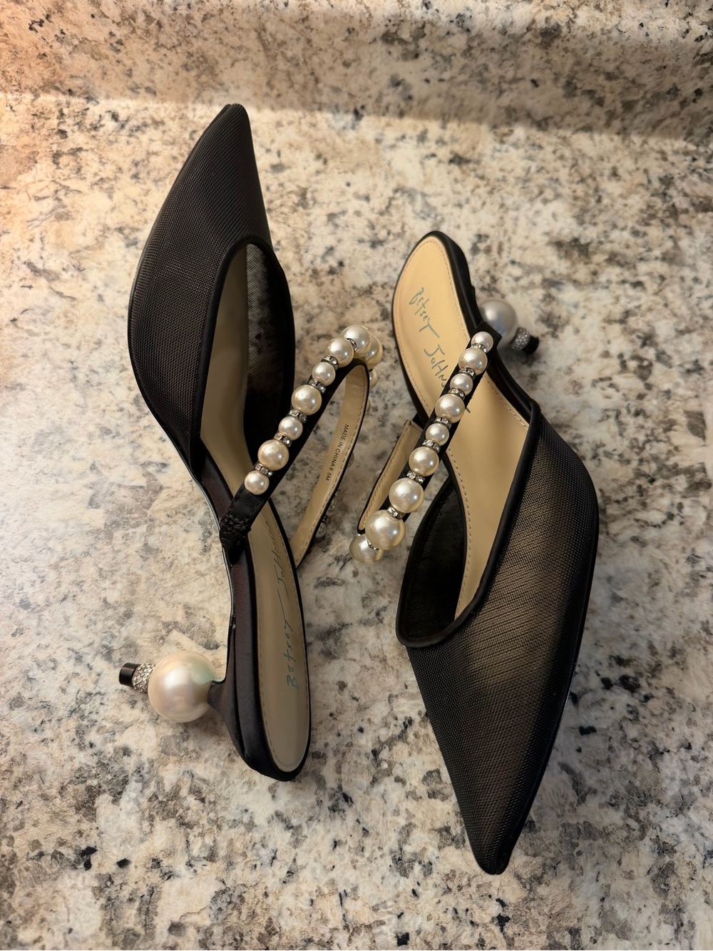 Betsey Johnson Black Pearl Rhinestone Embellished Pointed Kitten Heels Sexy - Picture 4 of 9